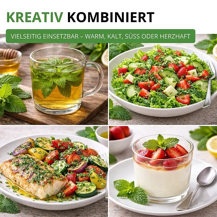 Deine Gartenwelt Zitronenmelisse -  - Vier Speisen zeigen vielseitige Anwendung: warmer Minztee, kalter Erdbeersalat, herzhafter Fisch mit Gemüse und süße Erdbeer-Panna Cotta.