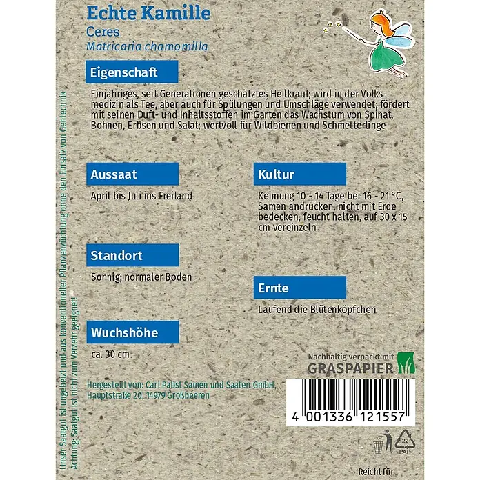 Grüne Fee Echte Kamille Ceres -  - Samentüte für Echte Kamille mit Anbauinformationen und einer Illustration, verpackt in Graspapier.