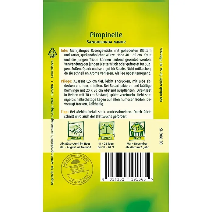 Quedlinburger SAATGUT Kräutersamen Pimpinelle - Sanguisorba minor, Saatzeit: März, Erntezeit: März - Pimpinelle (Kleiner Wiesenknopf) Samentüte mit Text, Aussaatanleitung und Illustrationen. Gelb-grünes Design mit Barcode.