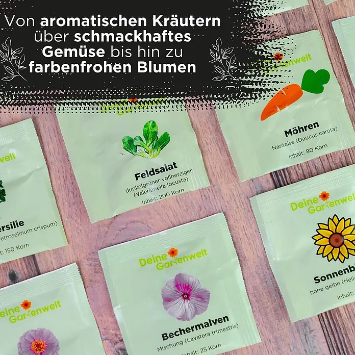 Deine Gartenwelt Saatgut Adventskalender - Mischung, 249 g - Sortiment heller grüner Samenpäckchen für aromatische Kräuter, schmackhaftes Gemüse und farbenfrohe Blumen.