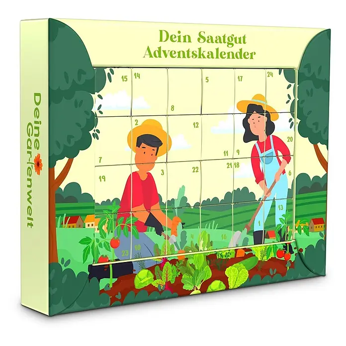 Deine Gartenwelt Saatgut Adventskalender - Mischung, 249 g - Illustrierter Saatgut-Adventskalender mit 24 nummerierten Türchen, der Gärtner und verschiedene Pflanzen zeigt.