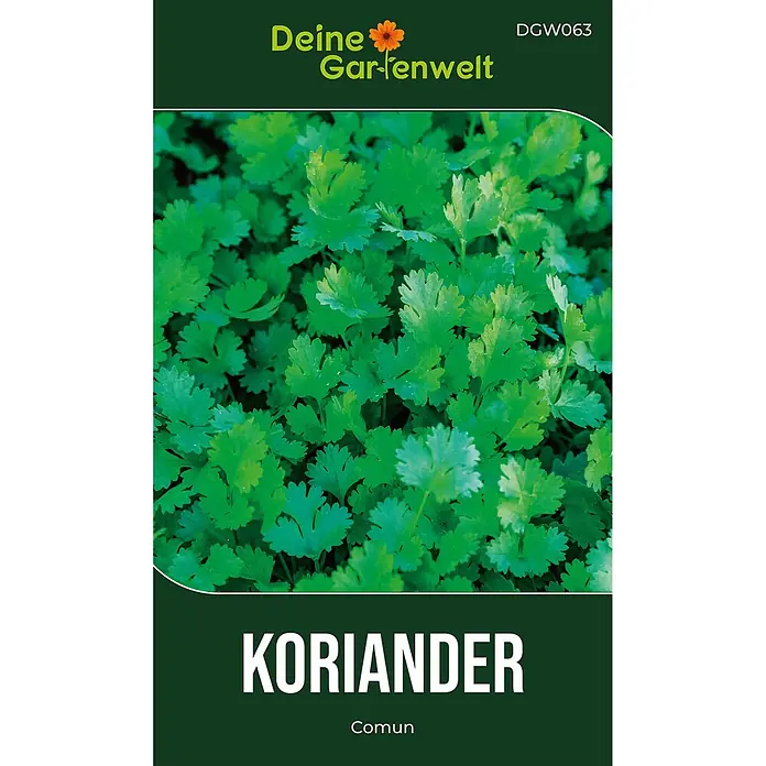 Deine Gartenwelt Koriander Comun -  - Dunkelgrüne Samentüte für Koriander Comun mit Bild von frischen Korianderblättern.