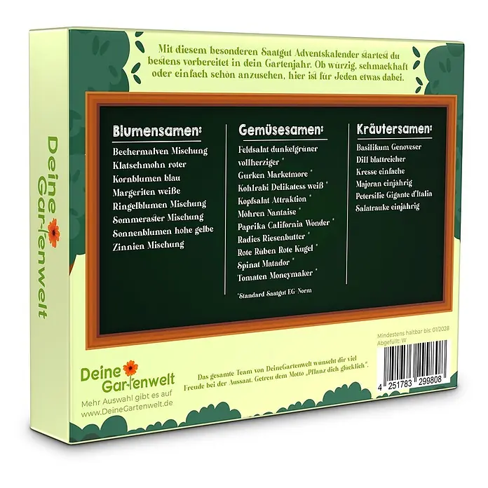 Deine Gartenwelt Saatgut Adventskalender - Mischung, 249 g - Saatgut-Adventskalender von Deine Gartenwelt, eine hellgrüne Box mit dunkelgrünem Panel, das Blumen-, Gemüse- und Kräutersamen auflistet.