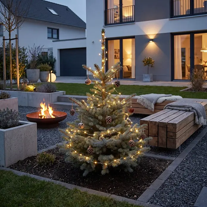 Piardino Blaufichte getopft - 60 cm - 80 cm, Picea pungens 'Baby Blue', Topfgedrückt - Ein kleiner Weihnachtsbaum, geschmückt mit warmweißen Lichterketten und Tannenzapfen, in einem modernen Garten bei Dämmerung.