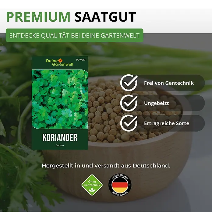 Deine Gartenwelt Koriander Comun -  - Premium Koriandersamen (gentechnikfrei, unbehandelt, ertragreich) in Verpackung und getrocknet in Holzschale. Hergestellt in Deutschland.