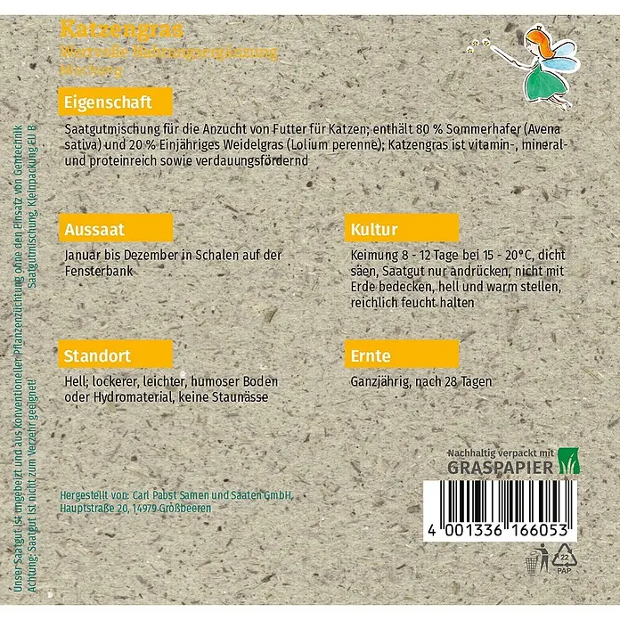 Grüne Fee Saatgut Katzengras - Mischung, 10 g - Braune, texturierte Katzengras-Samenverpackung mit deutschen Anweisungen, Feen-Illustration, Barcode und „GRASPAPIER“-Logo.