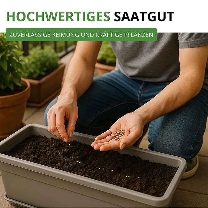 Deine Gartenwelt Koriander Comun -  - Eine Person pflanzt kleine, helle Samen in ein graues Pflanzgefäß mit Erde auf einem Balkon, Betonung auf hochwertiges Saatgut.