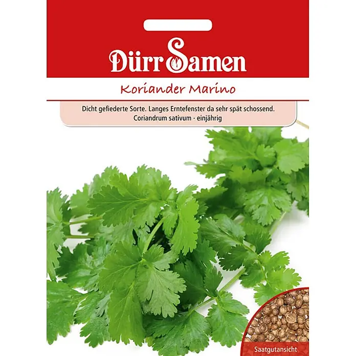 Dürr Samen Kräutersamen Koriander - Coriandrum sativum, Saatzeit: April, Erntezeit: April - Rot-weiße Dürr Samen Koriander Marino Samenpackung mit Korianderblättern und Saatgutansicht.
