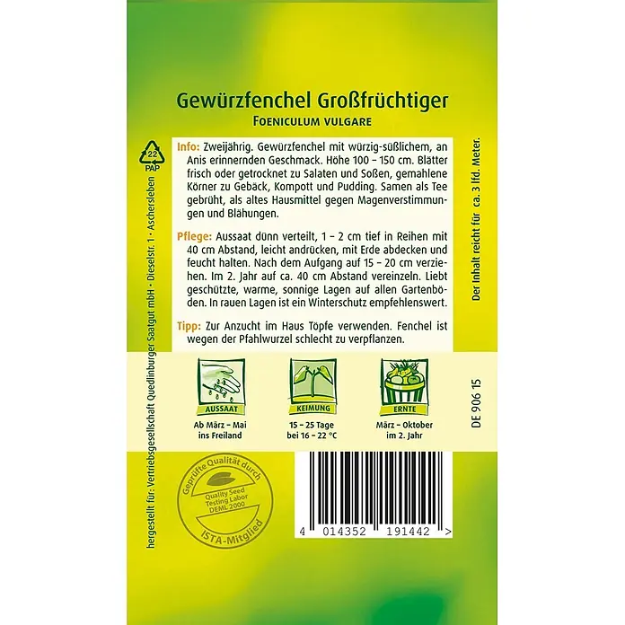 Quedlinburger SAATGUT Fenchel Grossfrüchtiger -  - Samenpäckchen für großfrüchtigen Gewürzfenchel mit deutschem Text, Anbauanleitung und Barcode.