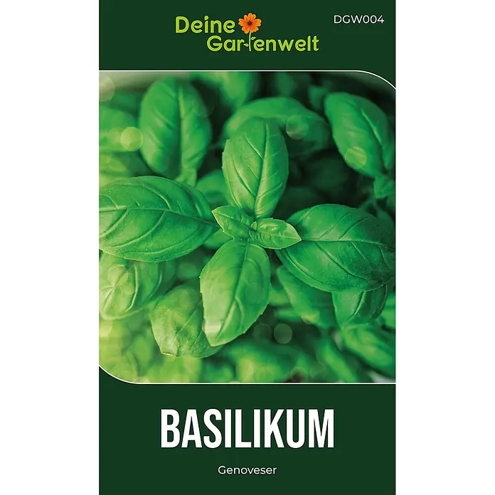 Deine Gartenwelt Kräutersamen Basilikum - Ocimum basilicum, Saatzeit: Ganzjährig, Erntezeit: Ganzjährig - Samenpäckchen für „Basilikum Genoveser“ mit leuchtend grünen Basilikumblättern und dunklem grünen Design.