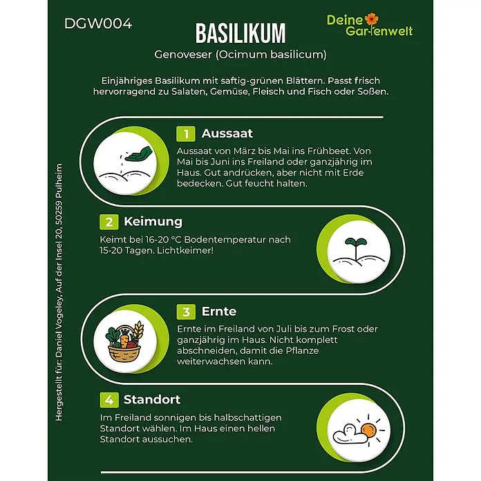 Deine Gartenwelt Kräutersamen Basilikum - Ocimum basilicum, Saatzeit: Ganzjährig, Erntezeit: Ganzjährig - Infografik zum Anbau von Genoveser Basilikum: Aussaat, Keimung, Ernte, Standort. Mit Text, Symbolen und "Deine Gartenwelt" Branding.