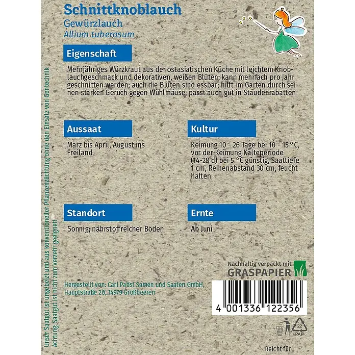 Grüne Fee Schnittknoblauch Gewürzlauch -  - Papiersamenpackung für Schnittknoblauch mit deutscher Pflanzanleitung, einer Feenillustration und einem Barcode auf strukturiertem Hintergrund.