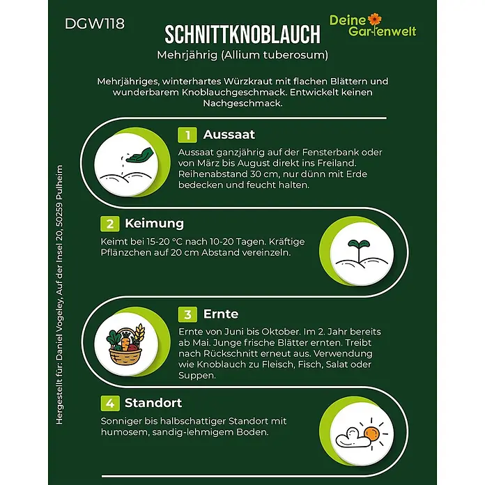 Deine Gartenwelt Schnittknoblauch Mehrjährig -  - Informationsblatt für Schnittknoblauch (Allium tuberosum) mit Anweisungen zu Aussaat, Keimung, Ernte und Standort.