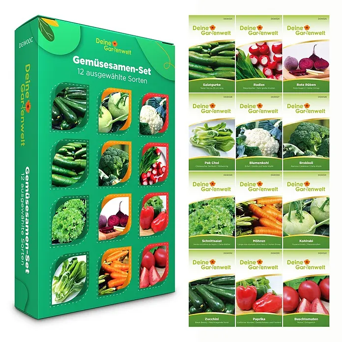 Deine Gartenwelt Gemüsesamen-Set mit 12 Sorten -  - Grüne "Deine Gartenwelt" Gemüsesamen-Set Box und 12 einzelne Samenpäckchen mit verschiedenen Gemüsesorten und deren Namen.