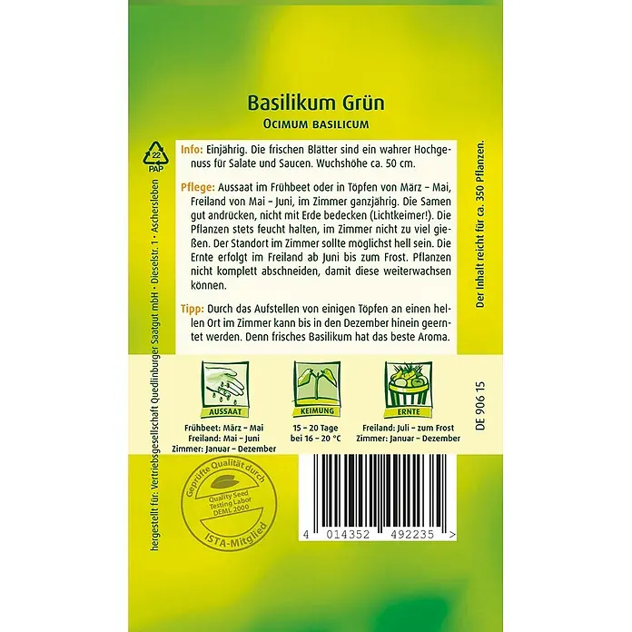 Quedlinburger SAATGUT Kräutersamen Basilikum - Ocimum basilicum, Saatzeit: Ganzjährig, Erntezeit: Juni - Samenpäckchen für Basilikum Grün mit Pflanzeninformationen, Bildern zu Aussaat, Keimung, Ernte, Barcode und Gütesiegel.