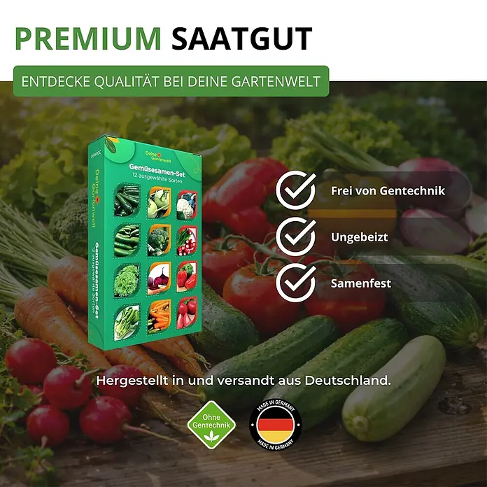 Deine Gartenwelt Gemüsesamen-Set mit 12 Sorten -  - Grüne Gemüsesamen-Box mit 12 Sorten, als gentechnikfrei, ungebeizt und samenfest, hergestellt in Deutschland.