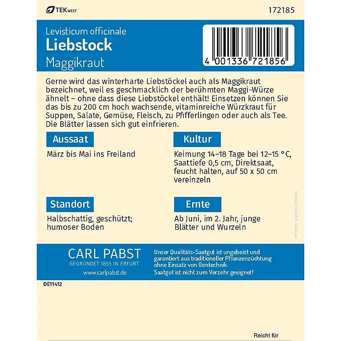 Pabst Keimkraft Kräutersamen Liebstöckel - Levisticum officinale, Saatzeit: März, Erntezeit: Juni - Liebstock (Maggikraut) Samenpäckchen mit Pflanzanleitung und Barcode.