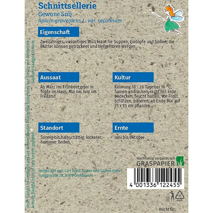 Grüne Fee Schnittsellerie Gewone Snij -  - Hellbraune Graspapier-Samentüte für Schnittsellerie mit Pflanzinformationen und Barcode.