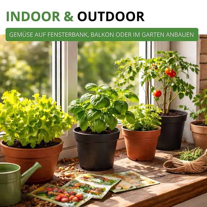 Deine Gartenwelt Gemüsesamen-Set mit 12 Sorten -  - Topfsalat, Basilikum, Tomaten und Kräuter auf der Fensterbank, mit Saattüten und Gießkanne, für den Indoor-/Outdoor-Gemüseanbau.