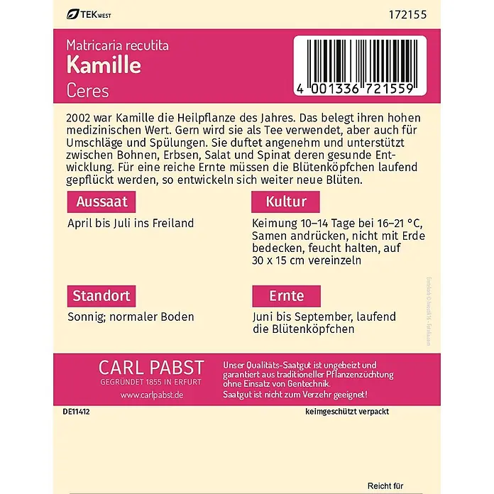 Pabst Keimkraft Kräutersamen Kamille - Matricaria chamomilla, Saatzeit: Mai, Erntezeit: Mai - Kamillen-Samentüte (Matricaria recutita 'Kamille' Ceres) von Carl Pabst, rosa-weißes Design mit Barcode.