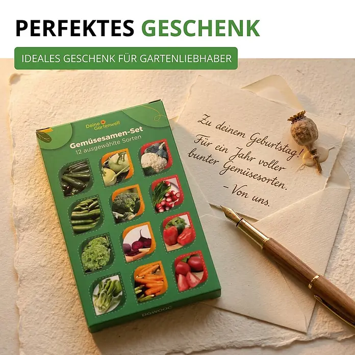 Deine Gartenwelt Gemüsesamen-Set mit 12 Sorten -  - Grünes Gemüsesamen-Set mit 12 Sorten, als Geschenk neben einer Geburtstagskarte und Füller präsentiert.