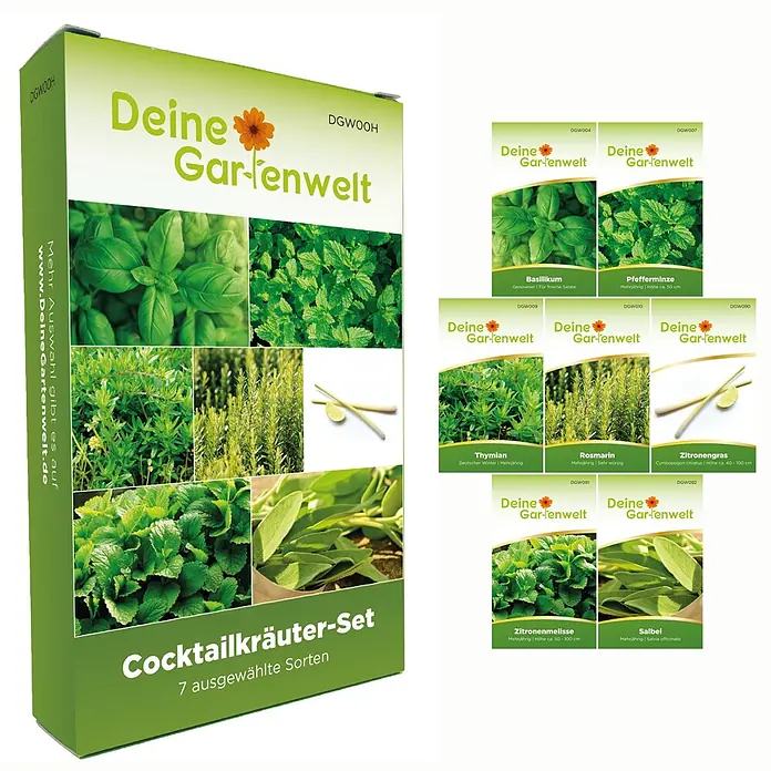 Deine Gartenwelt Cocktailkräutersamen-Set mit 7 Sorten -  - Grüne Box für 'Cocktailkräuter-Set' mit 7 ausgewählten Kräutersamensorten und Kräuterbildern.