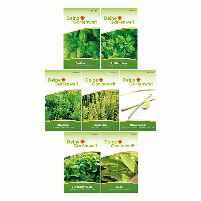 Deine Gartenwelt Cocktailkräutersamen-Set mit 7 Sorten -  - Eine Sammlung von sieben Samenpäckchen für Kräuter wie Basilikum, Rosmarin und Thymian, von 'Deine Gartenwelt'.