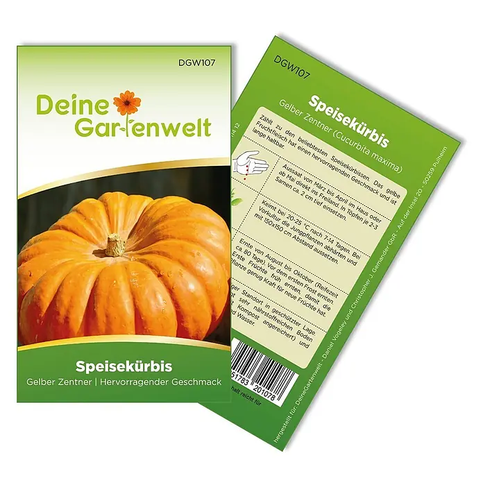 Deine Gartenwelt Kürbis Gelber Zentner -  - Samenpäckchen für Speisekürbis 'Gelber Zentner', grün und weiß, mit Bild eines orangefarbenen Kürbisses und Anweisungen.