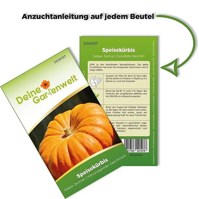 Deine Gartenwelt Kürbis Gelber Zentner -  - Samenpäckchen für Speisekürbis 'Gelber Zentner' mit Pflanzanleitung und einem Kürbisbild.