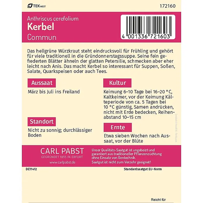 Pabst Keimkraft Kräutersamen Kerbel - Anthriscus cerefolium (L.) Hoffm., Saatzeit: März, Erntezeit: Mai - Samenpäckchen-Etikett für Kerbel (Anthriscus cerefolium) mit Pflanzanleitung, Barcode und Firmenlogo.