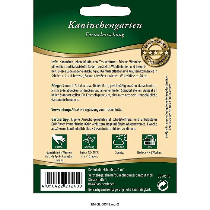 Quedlinburger SAATGUT Saatgut Kaninchengarten - Mischung, 16 g - Samentüte für 'Kaninchengarten' mit grün-beigem Design, Text, Barcode und Pflanzanweisungen.