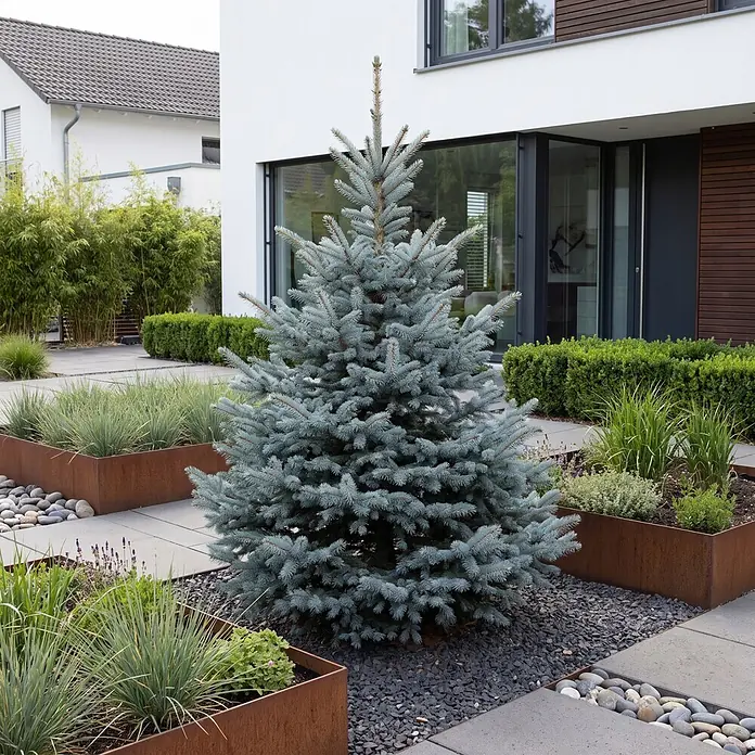 Piardino Blaufichte getopft - 60 cm - 80 cm, Picea pungens 'Baby Blue', Topfgedrückt - Eine lebendige Blaufichte mit blaugrauen Nadeln als Mittelpunkt in einem modernen Garten.