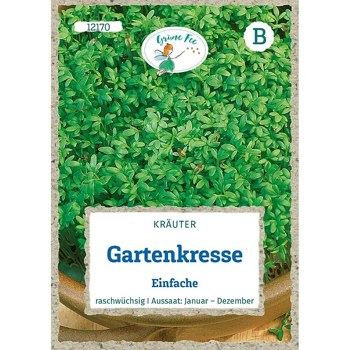 Grüne Fee Kräutersamen Gartenkresse - Lepidium sativum L., Saatzeit: April, Erntezeit: Ganzjährig - Samentüte für Gartenkresse mit Abbildung grüner Pflanzen und "Grüne Fee" Logo.