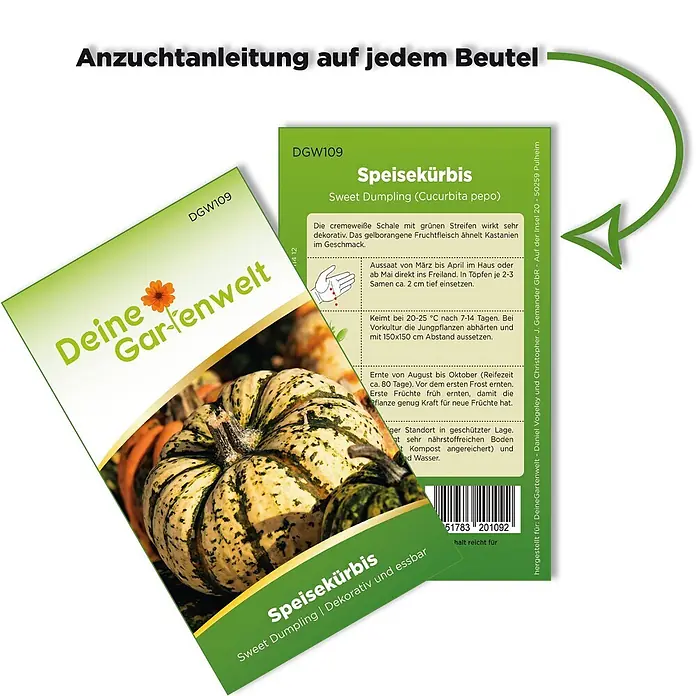 Deine Gartenwelt Kürbis Sweet Dumpling -  - Grüne und weiße Samentüte für Speisekürbis Sweet Dumpling mit Kürbisbild und detaillierter Anzuchtanleitung direkt auf der Packung.