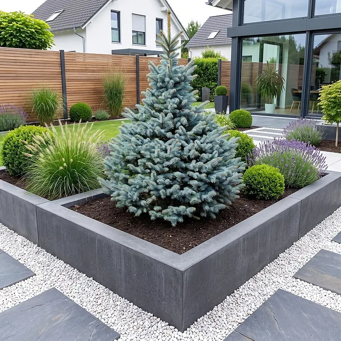 Piardino Blaufichte getopft - 60 cm - 80 cm, Picea pungens 'Baby Blue', Topfgedrückt - Dunkelgraues Hochbeet aus Beton in einem modernen Garten, bepflanzt mit verschiedenen Pflanzen und einem Blaufichtenbaum.