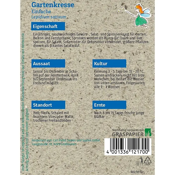 Grüne Fee Kräutersamen Gartenkresse - Lepidium sativum L., Saatzeit: April, Erntezeit: Ganzjährig - Gartenkresse-Saatgutpäckchen aus Graspapier mit Pflanzanleitung, Barcode und kleiner Feenillustration.