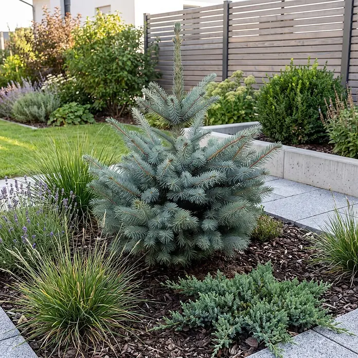 Piardino Blaufichte getopft - 60 cm - 80 cm, Picea pungens 'Baby Blue', Topfgedrückt - Lebendiges Gartenbeet mit blauer Konifere, Lavendel und Gräsern, umgeben von grauen Pflastersteinen und Mulch.