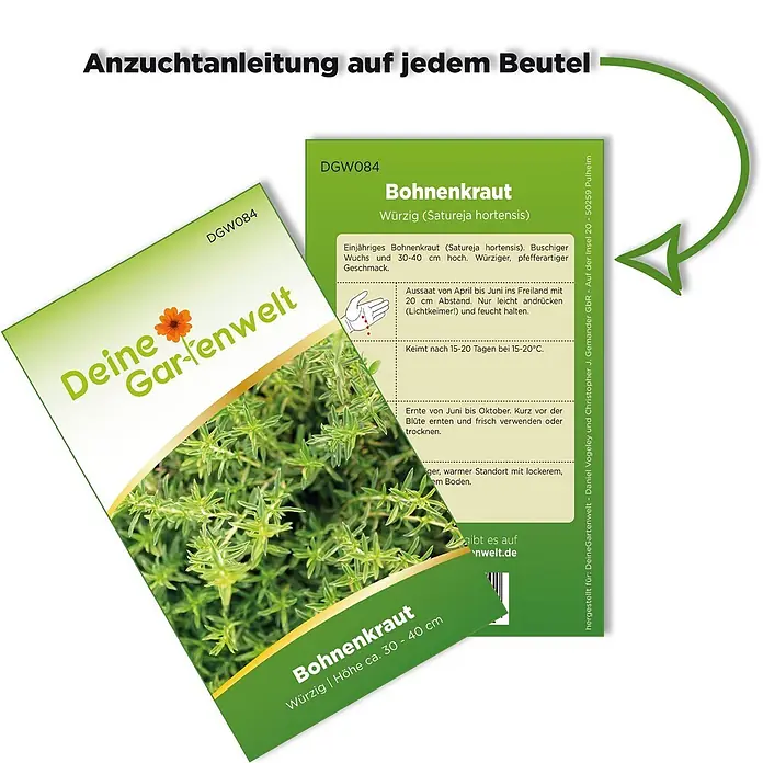 Deine Gartenwelt Bohnenkraut -  - Grünes und weißes Samenpäckchen für Bohnenkraut (Satureja hortensis) mit Anzuchtanleitung und Markenlogo „Deine Gartenwelt“.