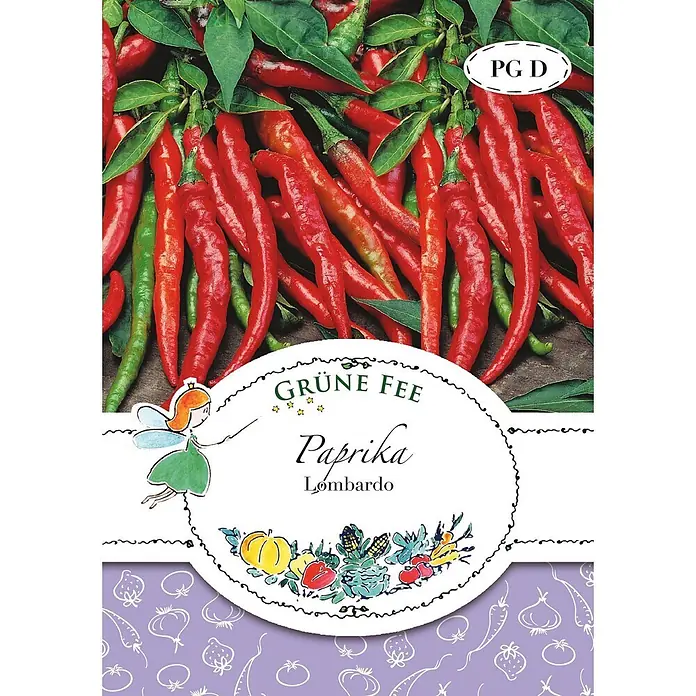 Grüne Fee Gemüsesamen Paprika - Capsicum annuum L., Erntezeit: August - Saatguttüte für "GRÜNE FEE Paprika Lombardo" mit roten und grünen Chilischoten im Hintergrund und einer Feenillustration.