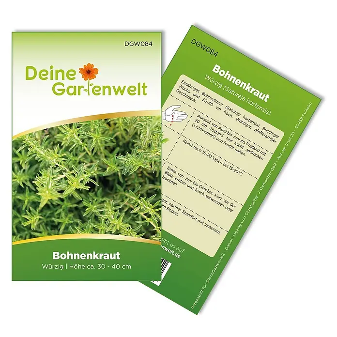 Deine Gartenwelt Bohnenkraut -  - Samenpackung für Bohnenkraut von „Deine Gartenwelt“ mit grün-weißem Design, zeigt die Pflanze und Anbauhinweise.