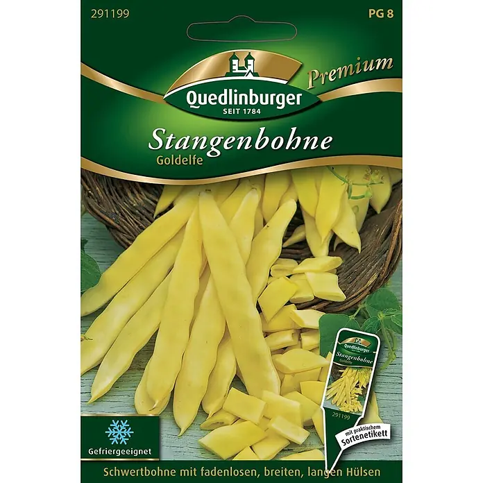 Quedlinburger SAATGUT Gemüsesamen Stangenbohne - Phaseolus vulgaris, Erntezeit: Juli, 1 m² - Samenpäckchen für gelbe Stangenbohnen 'Goldelfe' von Quedlinburger. Mit fadenlosen, breiten, langen Hülsen, zum Einfrieren geeignet.
