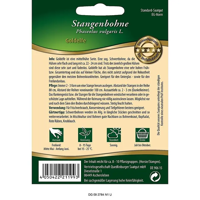 Quedlinburger SAATGUT Gemüsesamen Stangenbohne - Phaseolus vulgaris, Erntezeit: Juli, 1 m² - Grünes Saatguttütchen für Stangenbohne 'Goldelfe' mit Pflanzanleitung, Barcode und Siegeln.