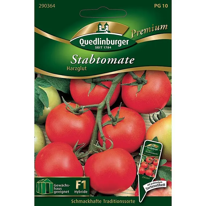 Quedlinburger SAATGUT Gemüsesamen Stabtomate - Solanum lycopersicum, Erntezeit: Juni - Grünes Samentütchen 'Quedlinburger Stabtomate Harzglut' mit Abbildung reifer roter Tomaten.