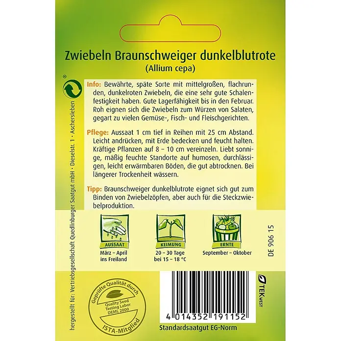 Quedlinburger SAATGUT Gemüsesamen Zwiebel - Allium cepa, Erntezeit: September - Saatguttüte für "Braunschweiger dunkelblutrote" Zwiebeln mit Pflanzinfos, Keimung, Ernte und Qualitätssiegeln.