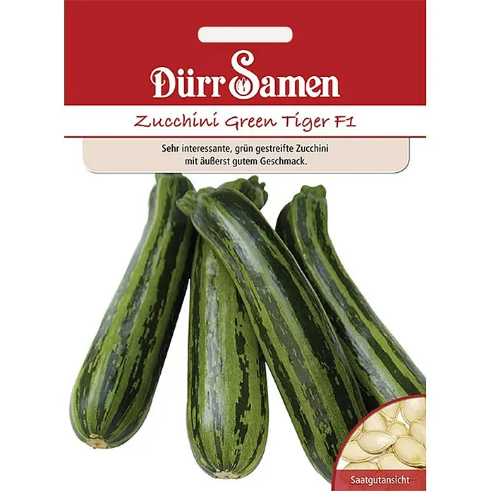 Dürr Samen Gemüsesamen Zucchini - Cucurbita pepo, Erntezeit: Juli - Saatguttüte für Zucchini 'Green Tiger F1'. Zeigt grüne, gestreifte Zucchini und die Samen.