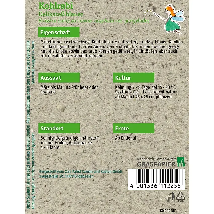 Grüne Fee Gemüsesamen Kohlrabi - Brassica oleracea L. convar. acephala (DC.) Alef. var. gongylodes, Erntezeit: Juli - Kohlrabi 'Delikateß blauer' Samenpäckchen aus Graspapier.