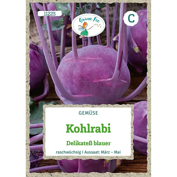 Grüne Fee Gemüsesamen Kohlrabi - Brassica oleracea L. convar. acephala (DC.) Alef. var. gongylodes, Erntezeit: Juli - Lila Kohlrabi, Sorte 'Delikateß blauer', mit Stängeln und einem Etikett mit 'Grüne Fee' und Anbaudetails.