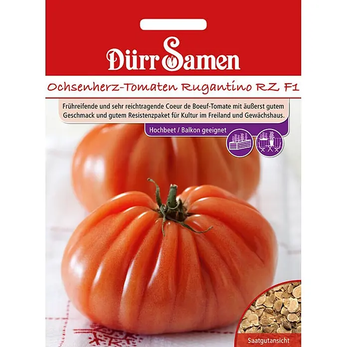 Dürr Samen Gemüsesamen Fleischtomate - Solanum lycopersicum, Erntezeit: Juli - Dürr Samen 'Ochsenherz-Tomaten Rugantino RZ F1' Saatguttüte mit roter Tomate und Samenansicht.
