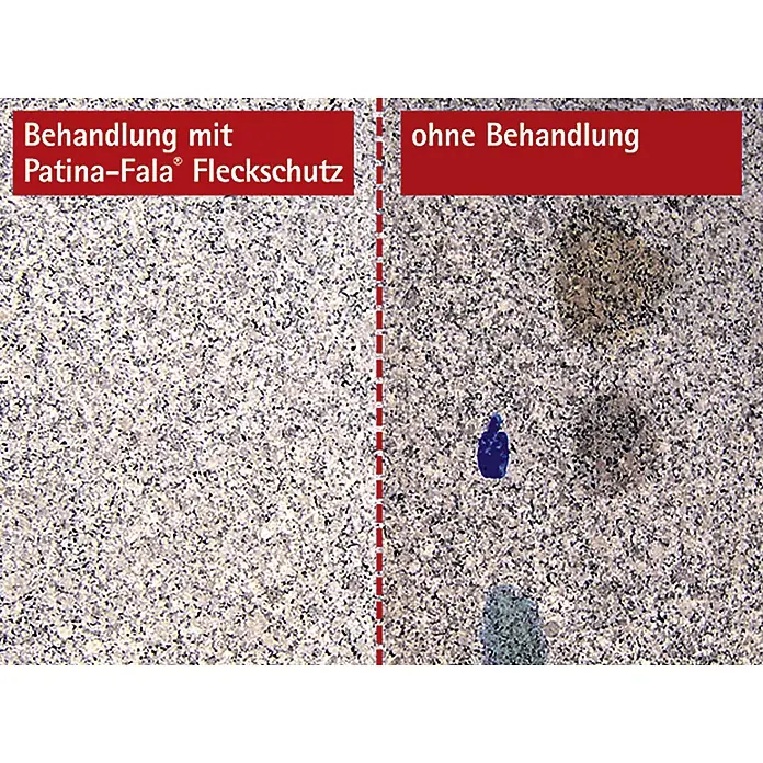 Patina-Fala Fleckschutz - 1 l - Fleckschutz: Vergleich mit und ohne Patina-Fala® Fleckschutz. Das Ergebnis zeigt die Schutzwirkung des Produkts gegen Flecken.