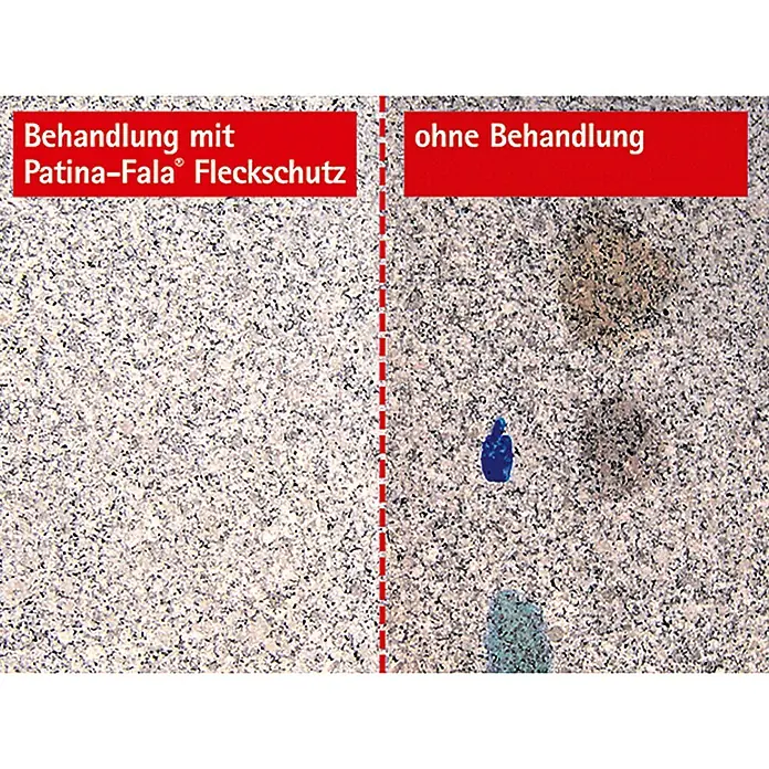Patina-Fala Fleckschutz - 1 l - Fleckschutz: Vergleich mit und ohne Patina-Fala® Fleckschutz. Das Ergebnis zeigt die Schutzwirkung des Produkts gegen Flecken.